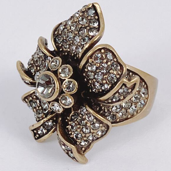 Signed Heidi Daus Gold Tone Floral Flower Rhinestone Cocktail Ring 6.75 Vintage - Picture 4 of 16